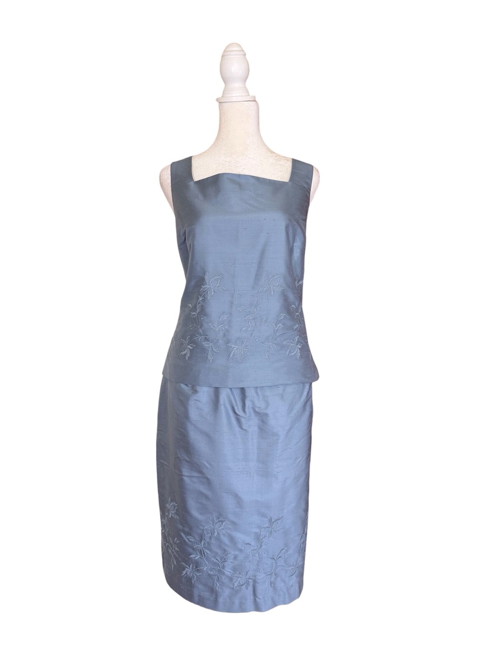 Rena Rowan 2 piece blue silk floral embroidered sleeveless skirt set women’s 12